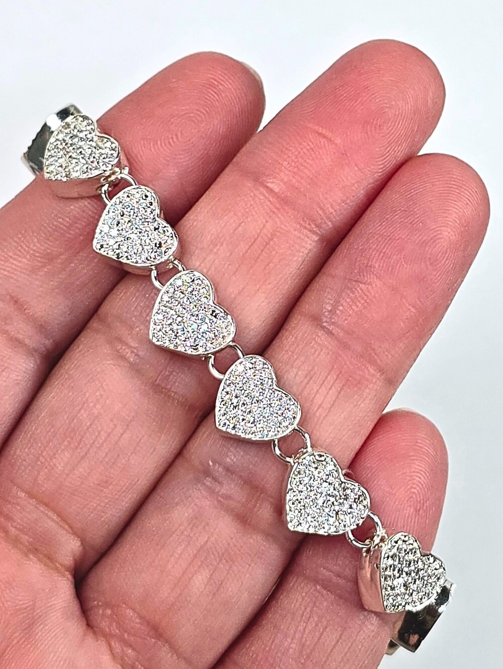 Designer Insp. Heart Link Bracelet CZ Pave 925 Sterling Silver High Polish 21cm